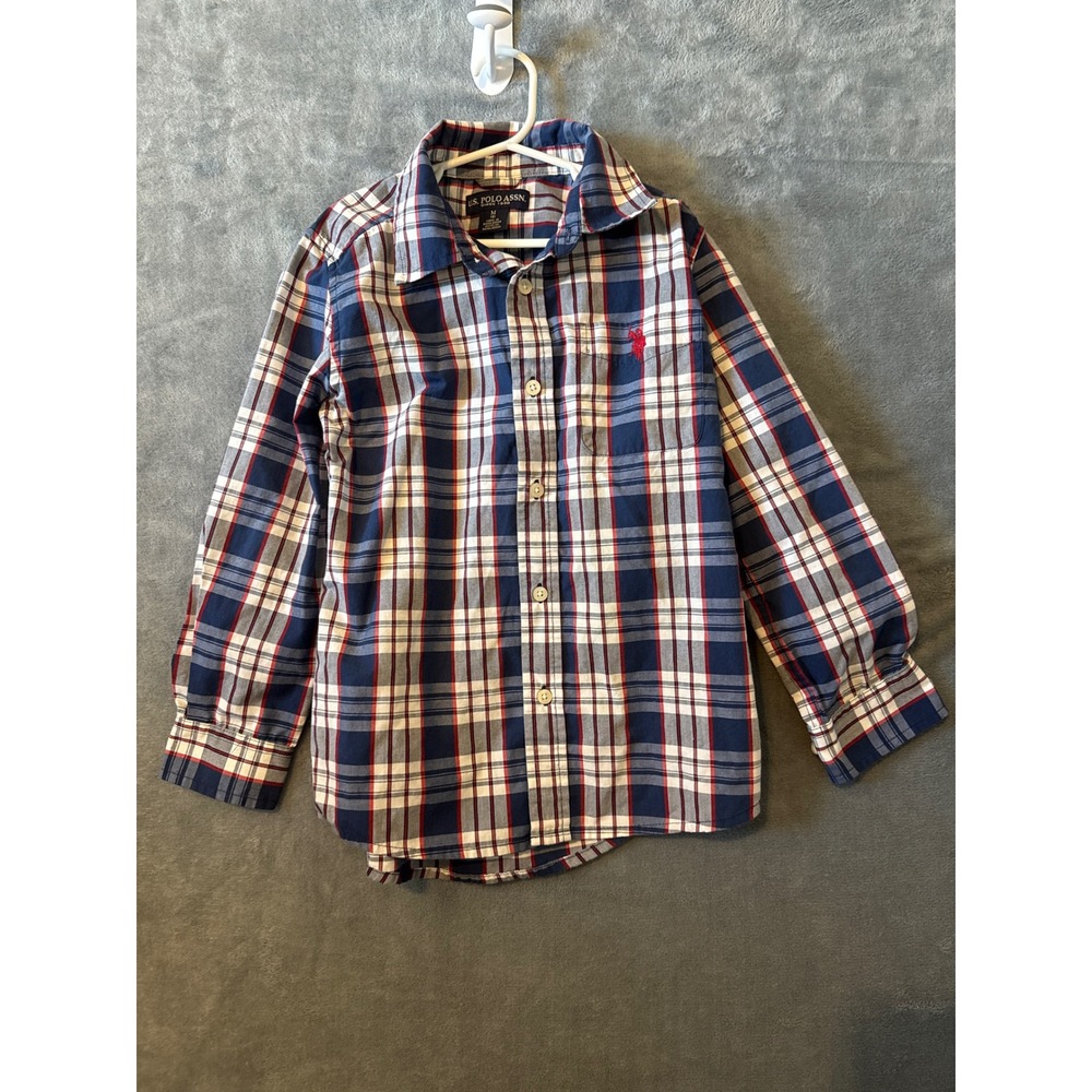 US Polo Assn Boys Red White Blue Plaid Button Down Shirt Long Sleeve Size M 8